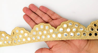 Beige Mirror Trim, Kutch Embroidered Navratri Garba Dress Trim Bridal Lace, Indian Sari Border 40 mm Wide Trim Per Yard